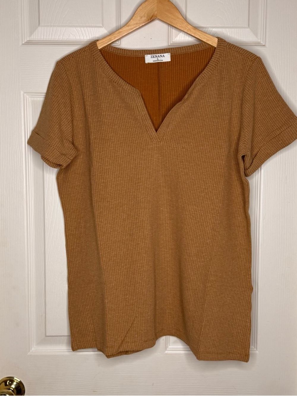 New Zenana Waffle Knit VNeck Top Camel Short Sleeve Boho Casual Boutique Sz: S-L - Picture 8 of 14